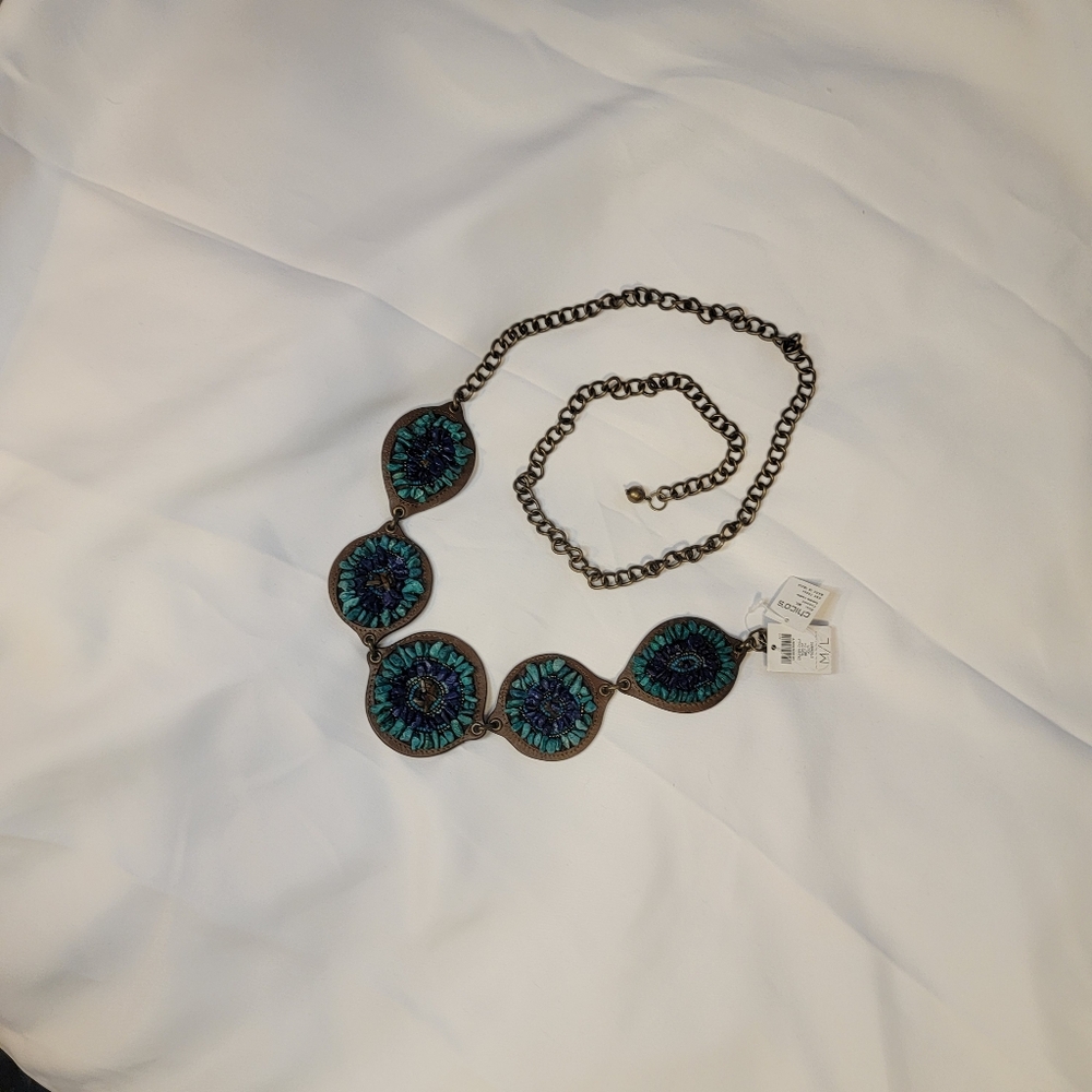 Chico's Leather Bronze Hip Belt Torquoise Teal Blue Stones Chain Concho Boho Y2K - Picture 7 of 7
